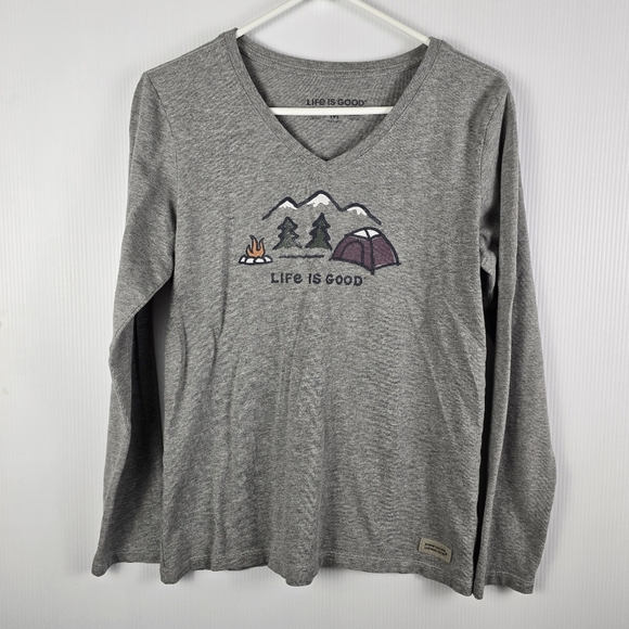 Life Is Good Heather Gray Long Sleeve V-NeckTee Winter Campscape Size M - Picture 1 of 7